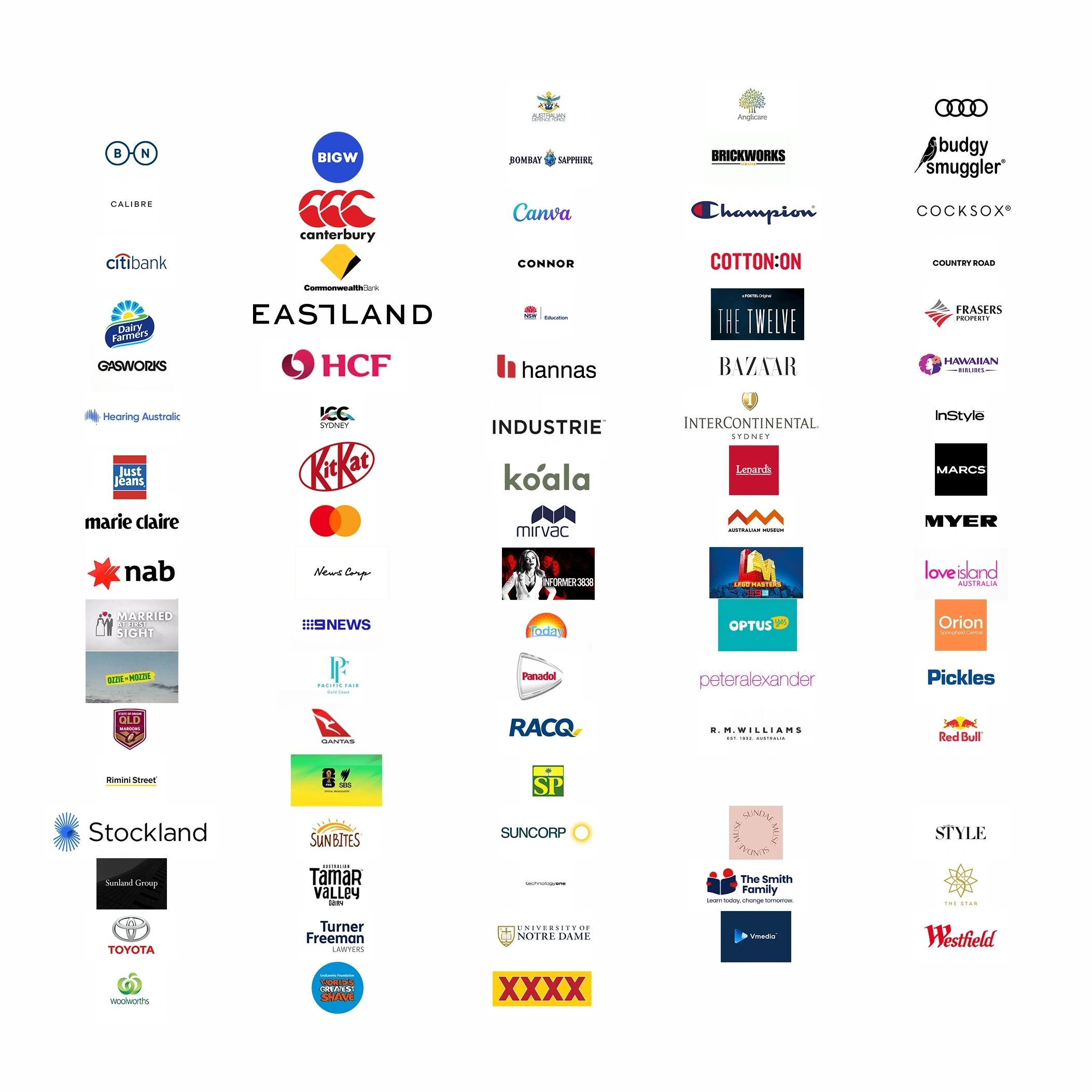Full DIGIOP brand and production credit board, including Audi, BIG W, Canva, Commonwealth Bank, Qantas, Toyota, Woolworths, Optus, Red Bull and others